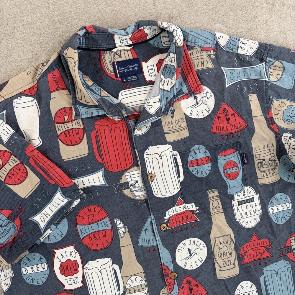 Vintage Jack O'Neill Collection Hawaiian Aloha Brew Shirt Men Large Beer Print